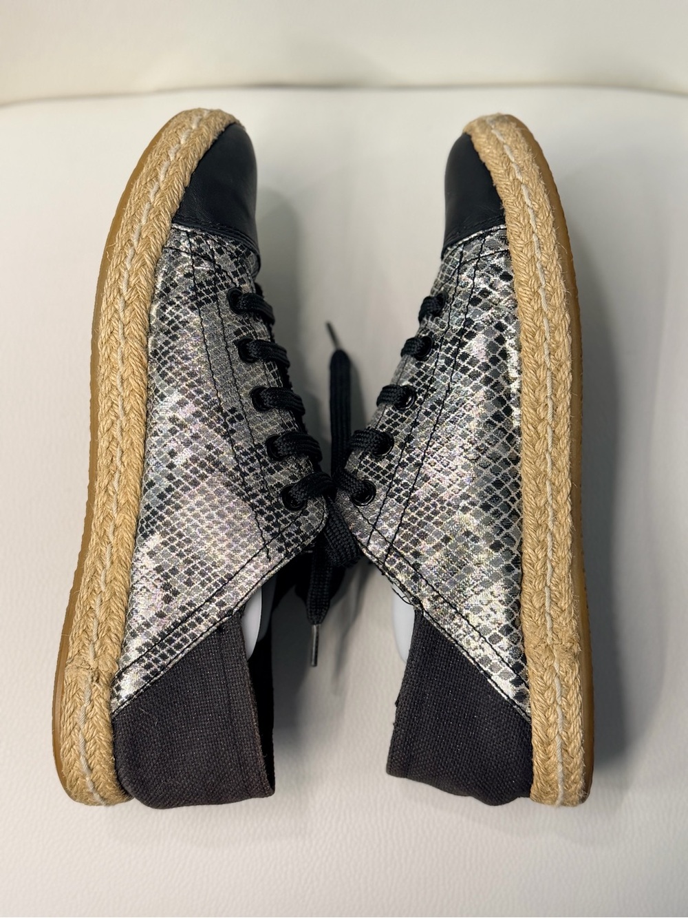 Geox Silver Metallic Snake-Print Espadrille Sneakers with Black Accents